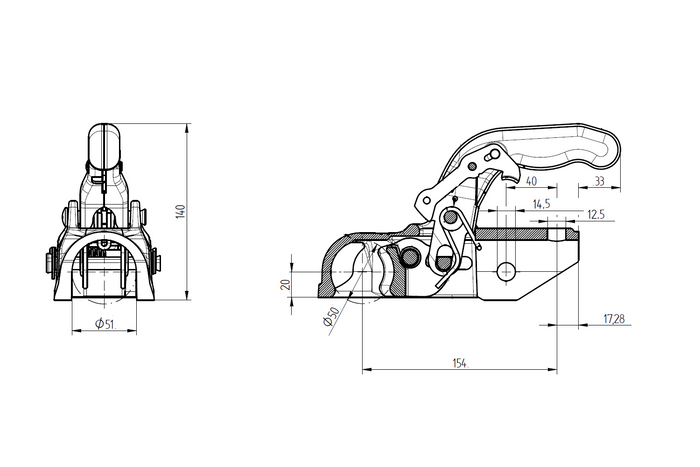 KNOTT K35-A kulekobling for 3500 kg tilhenger med 50 mm rørdrag, støpejern