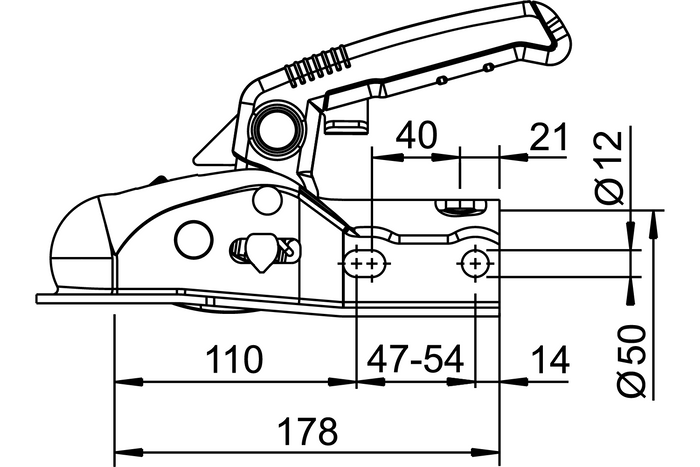 AL-KO AK270 kulefeste for en 2700 kg tilhenger med en 50 mm rørformet trekkstang