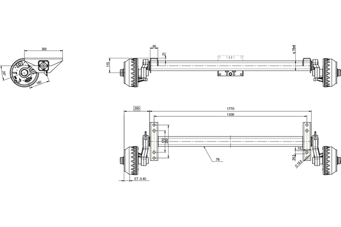 KNOTT VGB15M/MV bremseaksel for tilhenger / bergingsbil 1500kg 1300mm 1770mm 5x112