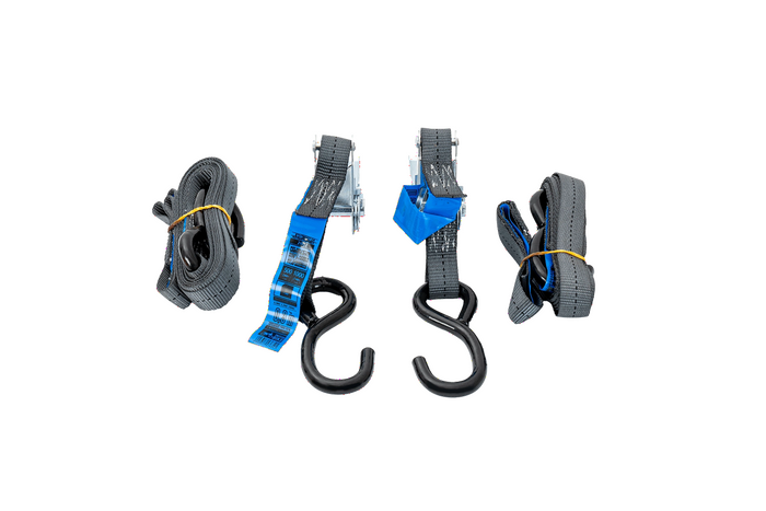 Sett med to HILLS 3m/25mm/1t transportbelter med strammer og to 0,45m seler for sikring av motorsykkelen
