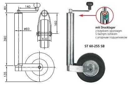 Støttehjul med klemme WINTERHOFF ST60-255SB+KLE60 250kg 60mm 525-755mm