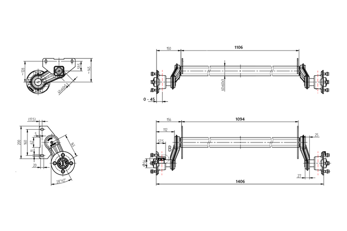KNOTT VG7-L ubremset aksel for båthenger 750kg 1094mm 1406mm 4x100