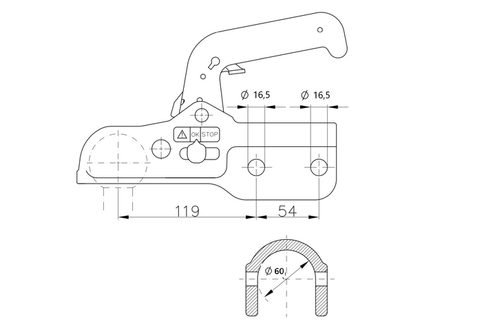 WINTERHOFF WW 350-RCH-1616 kulekobling for 3500 kg tilhenger med 60 mm rørdrag, støpejern