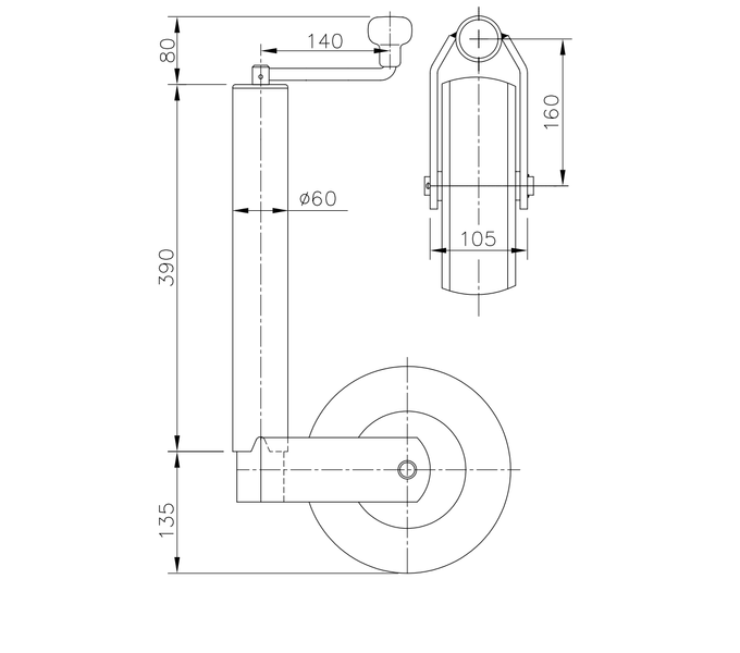 WINTERHOFF ST60-V-255SB støttehjul 400 kg 60 mm 525-755 mm
