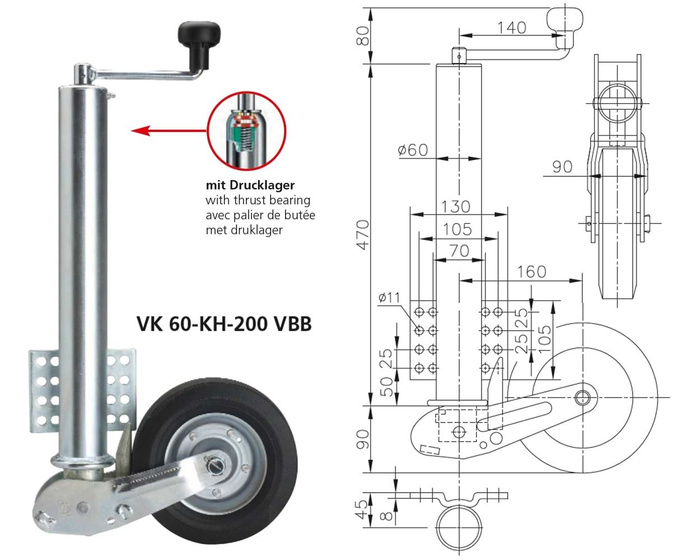 WINTERHOFF VK60-KH-200VBB automatisk støttehjul med håndtak 250 kg 60 mm 560-1030 mm