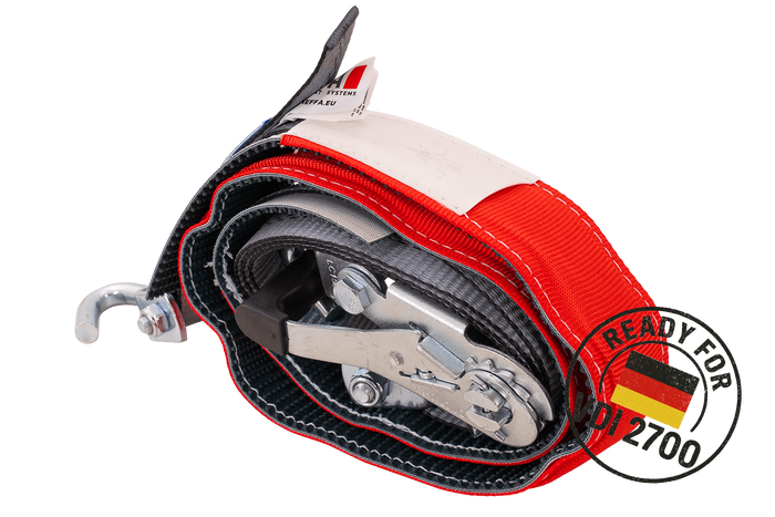 Sett med fire HEFFA CARLINE 130 tilhengertransportbelter, hjulsikringsbelter 2,8m/35mm/3t VDI 2700