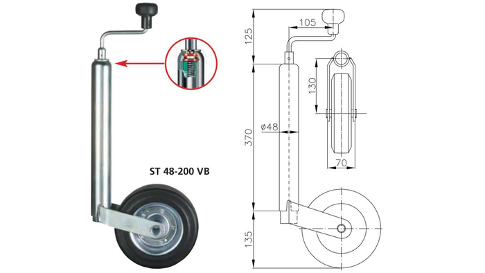 Støttehjul med klemme WINTERHOFF ST48-200VB+KLE48 150kg 48mm