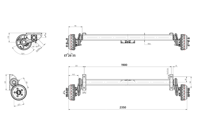 KNOTT VGB13M bremset aksel for tilhenger/biltransportør 1350 kg 1900 mm 2350 mm 5x112
