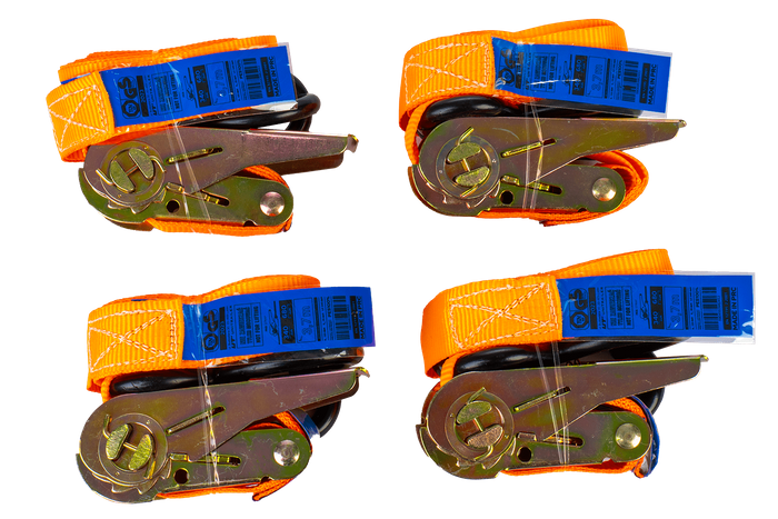 Sett med fire UNITRAILER 4m/25mm/0.68t oransje transportbelter med strammer i koffert