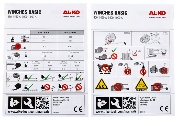 Vinsj, håndvinsj for AL-KO trekkbilhenger 450kg med 6m belte, brems og automatisk avvikling