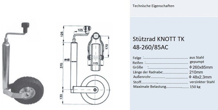 KNOTT TK48 støttehjul, lufthjul, 150 kg, 48 mm