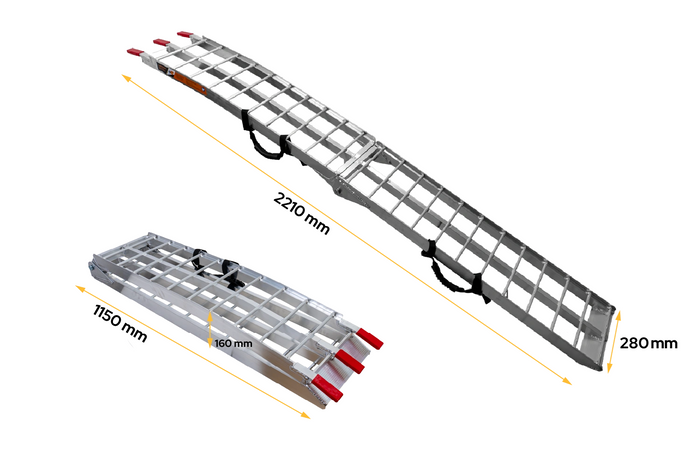 UNITRAILER ALR002 sammenleggbare ramper aluminiumsramper for tilhengere 221 cm 680 kg med belte, sett med 2