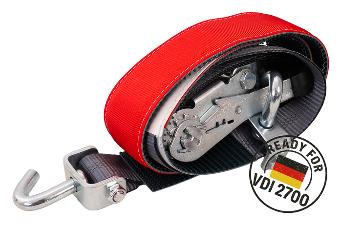 Sett med fire HEFFA CARLINE 130 tilhengertransportbelter, hjulsikringsbelter 2,8m/50mm/5t VDI 2700