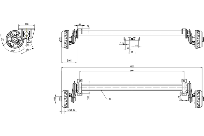 KNOTT VGB13M bremseaksel for tilhenger / bergingsbil 1350kg 900mm 1350mm 5x112