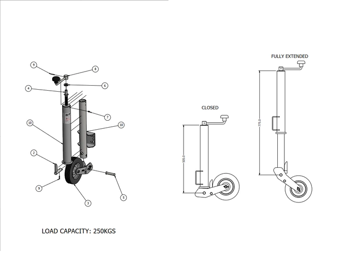 Automatisk støttehjul 60 mm UNITRAILER for tilhengere