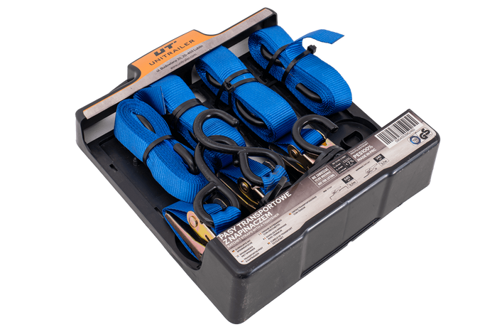 OUTLET Sett med fire UNITRAILER transportbelter med strammer 4m/25mm/0.68t blå