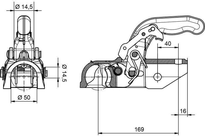 KNOTT K27-A kulefeste for en 2700 kg tilhenger med 50 mm rørdrag, støpejern