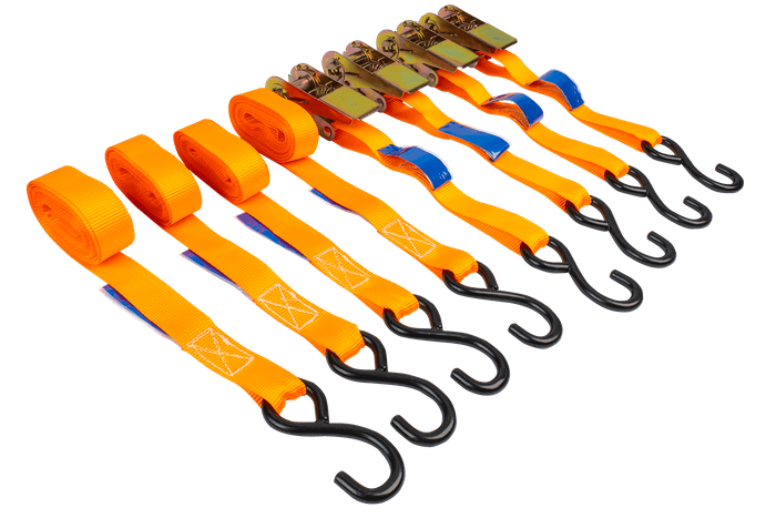 Sett med fire UNITRAILER 4m/25mm/0.68t oransje transportbelter med strammer i koffert