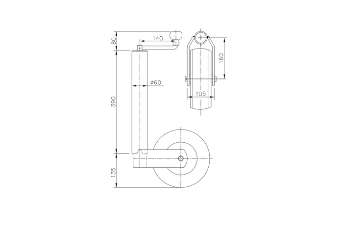 Støttehjul med klemme WINTERHOFF ST60-V-255SB+KLE60 400kg 60mm 525-755mm