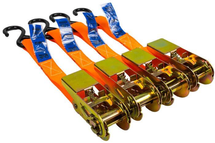 Sett med fire UNITRAILER 4m/25mm/0.68t oransje transportbelter med strammer i koffert