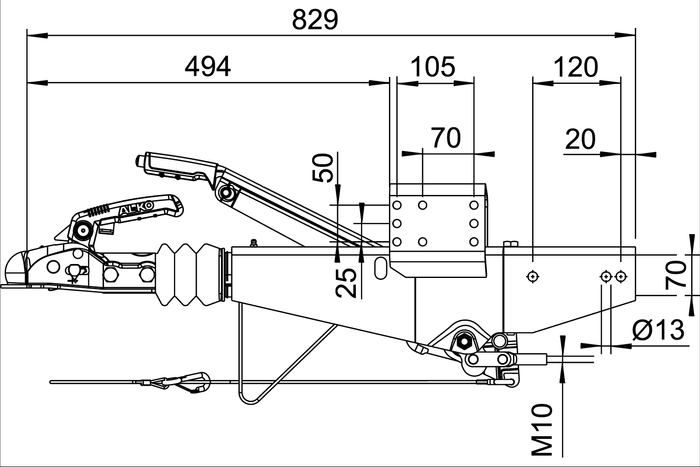 AL-KO 161S påløpsanordning med AK161 tilhengerfeste for en 1600 kg tilhenger med firkantet drag