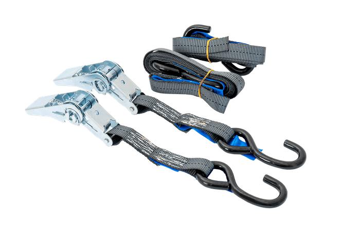 Sett med to HILLS 3m/25mm/1t transportbelter med strammer og to 0,45m seler for sikring av motorsykkelen