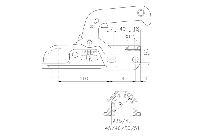 WINTERHOFF WW 30-K+Z kulekobling for 3000 kg tilhenger med 35-51 mm rørdrag, støpejern