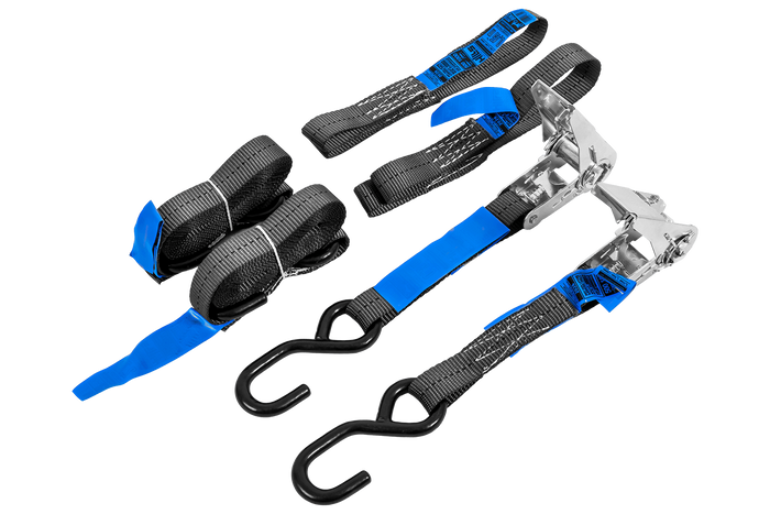 Sett med to HILLS 3m/25mm/1t transportbelter med strammer og to 0,45m seler for sikring av motorsykkelen