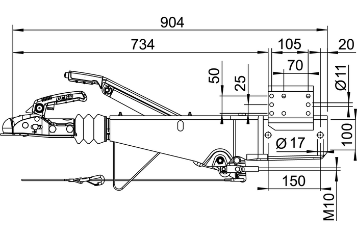 AL-KO 161S påløpsanordning med AK161 tilhengerfeste for en 1600 kg tilhenger med firkantet drag