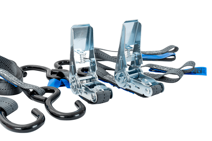 Sett med to HILLS 3m/25mm/1t transportbelter med strammer og to 0,45m seler for sikring av motorsykkelen