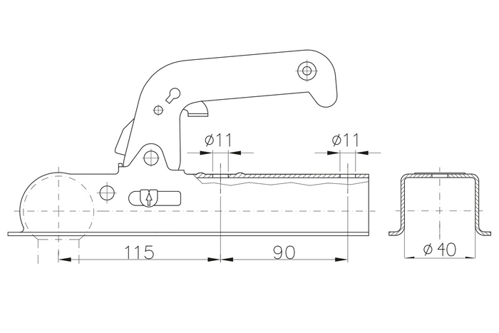 CHOOYO JD.00.53.008 kulekobling for 800 kg tilhenger med 40 mm firkantet dragstang