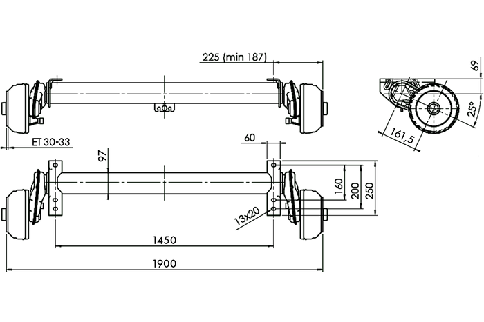 AL-KO COMPACT bremseaksel for tilhenger / bergingsbil 1350kg 1450mm 1900mm 5x112