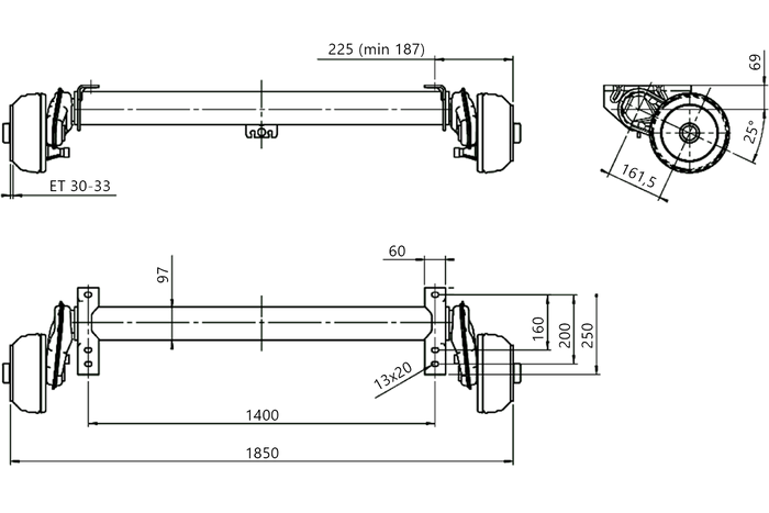 AL-KO COMPACT bremseaksel for tilhenger / bergingsbil 1350kg 1400mm 1850mm 5x112