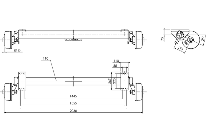 AL-KO EURO bremseaksel for båthenger 1800kg 1445/1555mm 2030mm 5x112