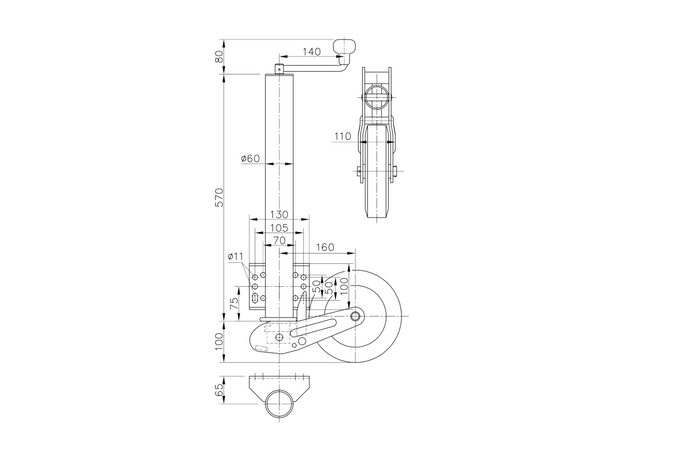 WINTERHOFF VK 60-BLH-255 SB automatisk støttehjul med håndtak 500 kg 60 mm 670-905 mm