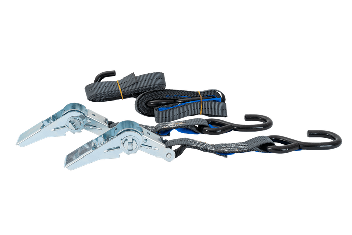 Sett med to HILLS 3m/25mm/1t transportbelter med strammer og to 0,45m seler for sikring av motorsykkelen