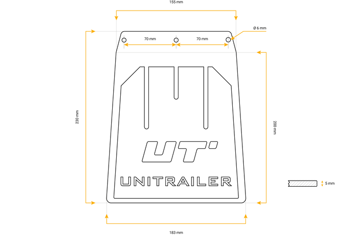 UNITRAILER gummiskjerm, bøyd skjermdeksel, 185/233mm