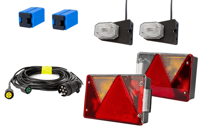 Lyssett: ASPÖCK baklykter + ASPÖCK sidemarkeringslys + MANTES 5,2m 7-pins ledningsnett + hurtigkoblinger