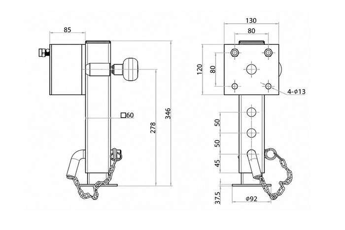 UNITRAILER JL1 uttrekkbar sveivstøtte for 1500 kg flatbed-tilhenger 346-576 mm