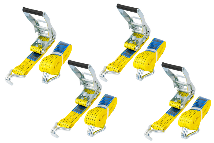 Sett med fire UNITRAILER 4m/50mm/5t gule transportbelter med strammer