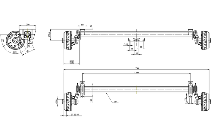 KNOTT VGB13 bremseaksel for tilhenger / bergingsbil 1350kg 1300mm 1750mm 5x112