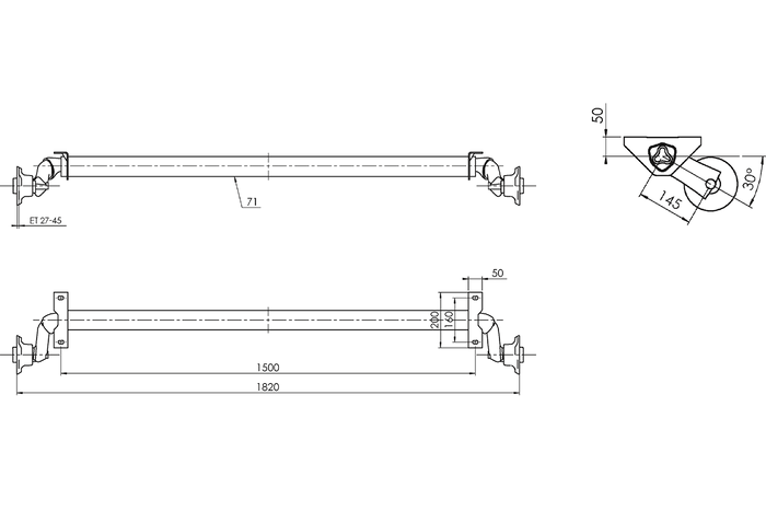 AL-KO OPTIMA ubremset aksel for tilhenger 750kg 1500mm 1820mm 4x100