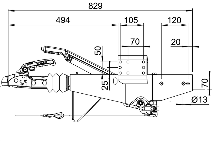 AL-KO 161S påløpsanordning med AK161 tilhengerfeste for en 1600 kg tilhenger med firkantet drag