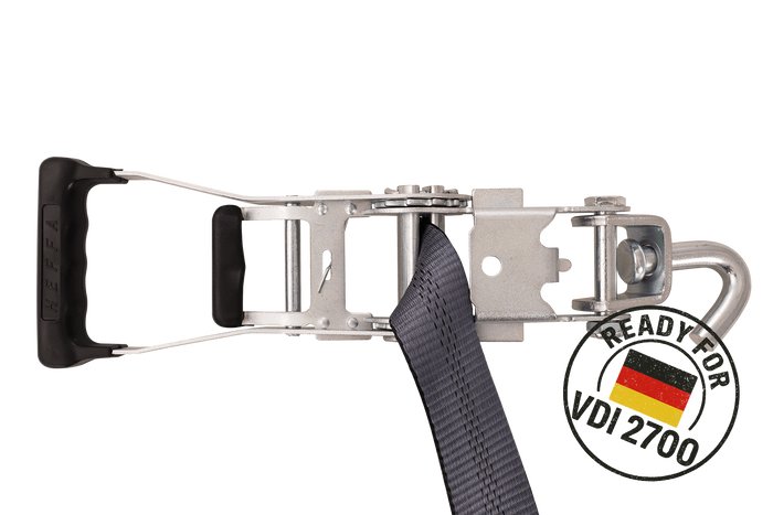 Sett med fire HEFFA CARLINE 130 tilhengertransportbelter, hjulsikringsbelter 5m/50mm/5t VDI 2700