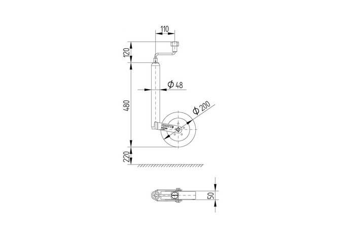 Støttehjul med støpejernsklemme KNOTT TK48+LBG48 150kg 48mm 480-700mm