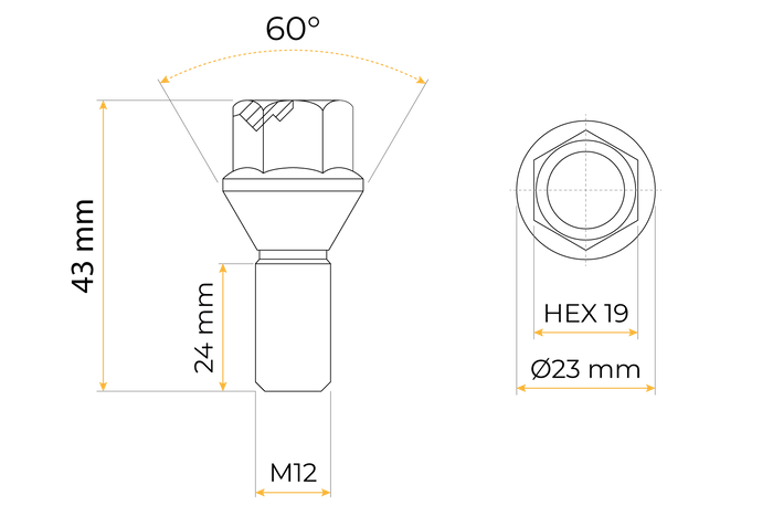 Sett med 8 koniske skruer med flens for ubremset aksel opp til 750 kg