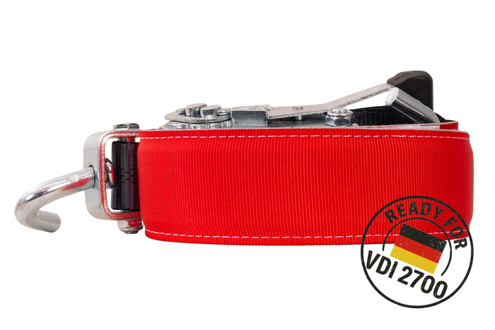 Sett med fire HEFFA CARLINE 130 tilhengertransportbelter, hjulsikringsbelter 2,8m/50mm/5t VDI 2700