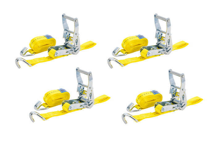 Sett med fire UNITRAILER 3m/25mm/1t gule transportbelter med strammer