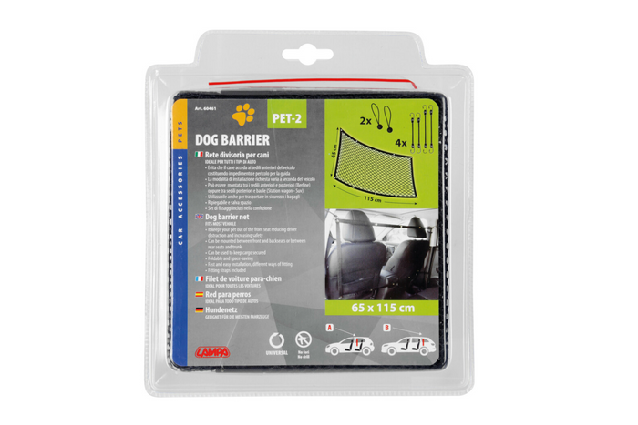 Hundeskillevegg LAMPA PET-2 nettingbarrierer festet til forsetene 115x65cm