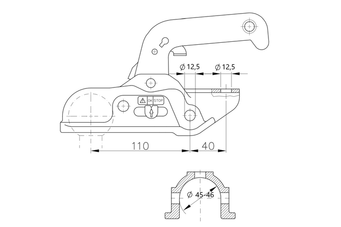 WINTERHOFF WW 30-D2 kulekobling for 3000 kg tilhenger med 45-46 mm rørdrag, støpejern
